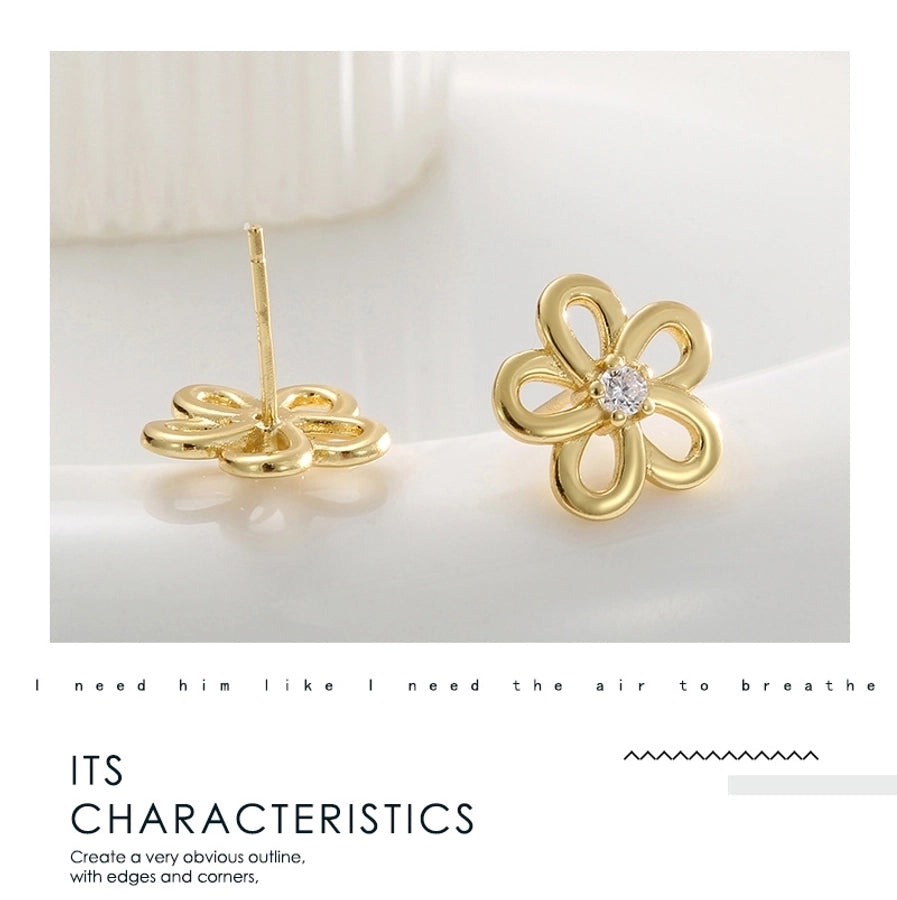 1 Pair 14K Gold Plated 925 Sterling Silver Zircon 925 Sterling Silver Earrings Flower Ear Studs