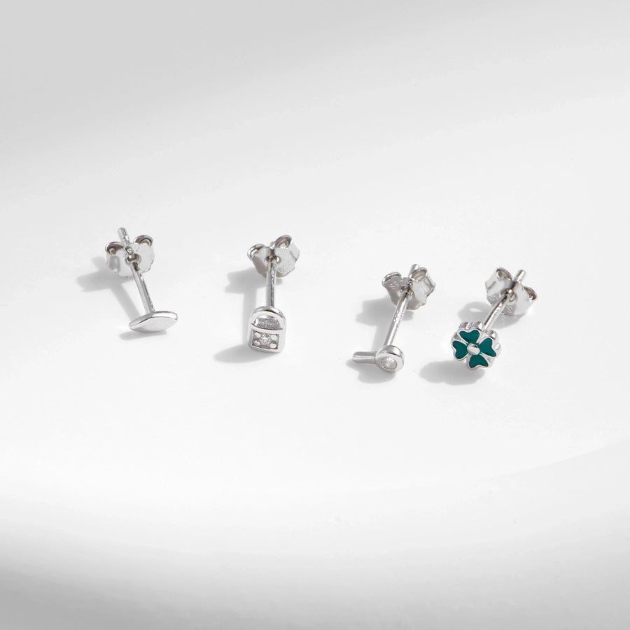 4 Pieces Rhodium Plated 925 Sterling Silver Zircon 925 Sterling Silver Earrings Four Leaf Clover Key Lock Ear Studs