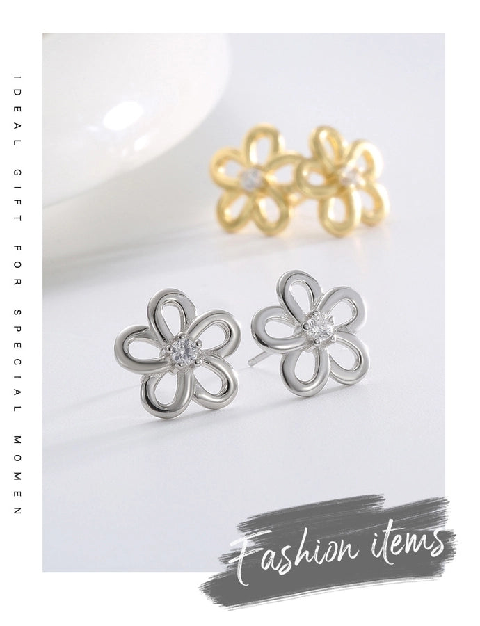 1 Pair 14K Gold Plated 925 Sterling Silver Zircon 925 Sterling Silver Earrings Flower Ear Studs