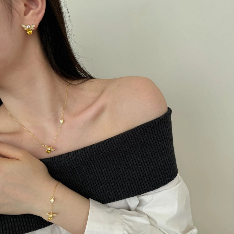 Light Luxury High-Grade S925 Sterling Silver Necklace Bracelet Ear Studs Women's Exquisite Firefly Shape Yellow Zirconium Inlaid Three-Piece Set