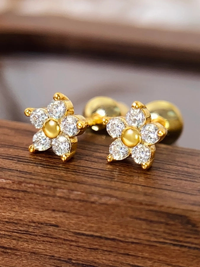 1 Pair 18K Gold Plated Silver Plated 925 Sterling Silver Zircon 925 Sterling Silver Earrings Flower Ear Studs