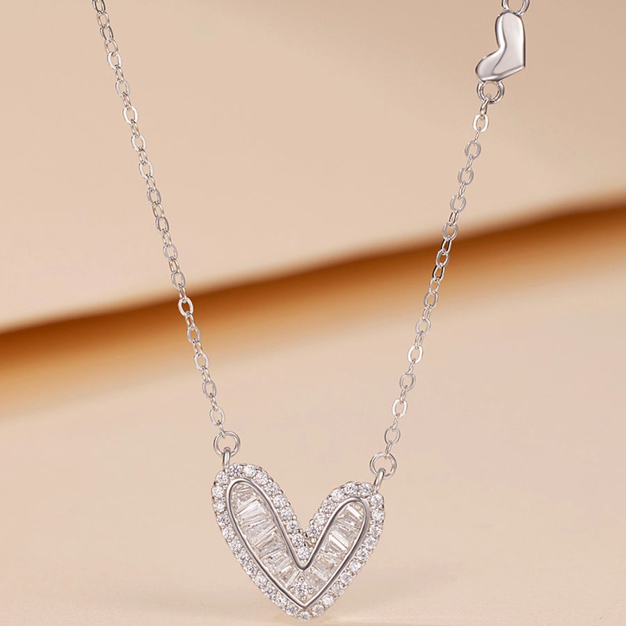 925 Sterling Silver Long-Lasting Plated Zircon cable chain Polishing Heart Shape Pendant Necklace