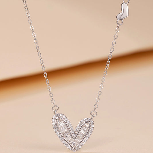 925 Sterling Silver Long-Lasting Plated Zircon cable chain Polishing Heart Shape Pendant Necklace