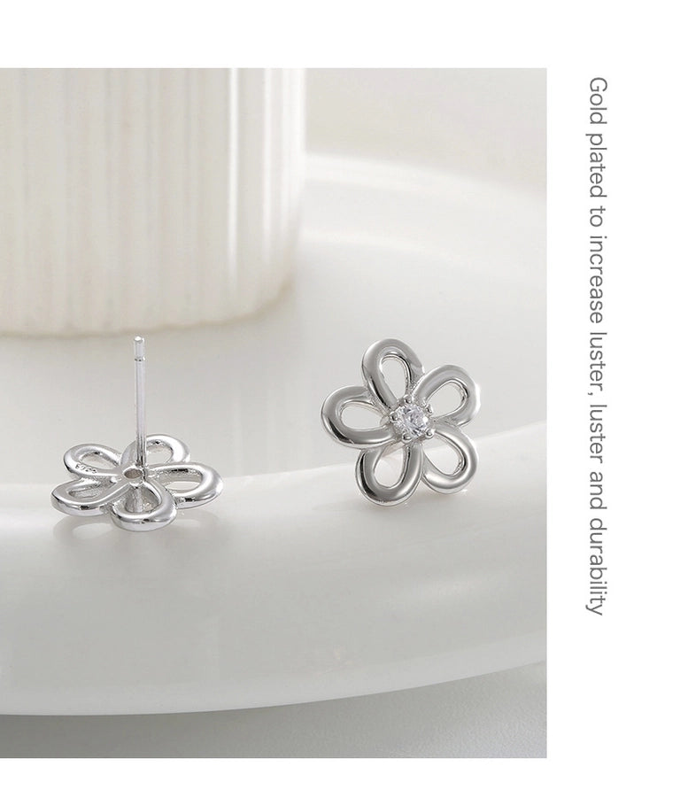 1 Pair 14K Gold Plated 925 Sterling Silver Zircon 925 Sterling Silver Earrings Flower Ear Studs