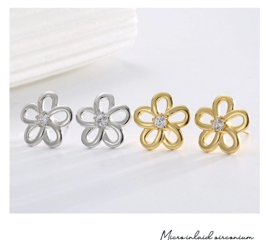 1 Pair 14K Gold Plated 925 Sterling Silver Zircon 925 Sterling Silver Earrings Flower Ear Studs