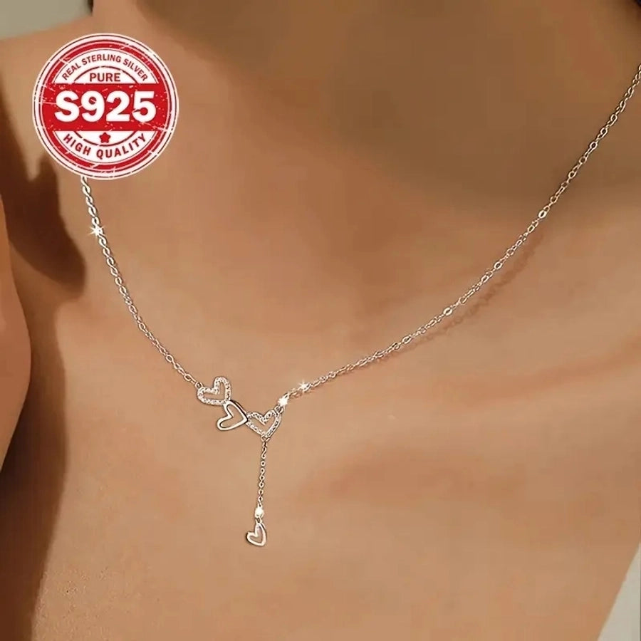 925 Sterling Silver Zircon cable chain Hollow Out Inlay Heart Shape Pendant Necklace