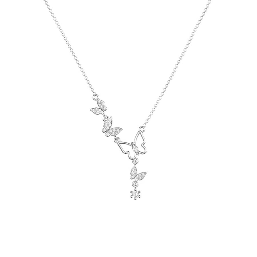 925 Sterling Silver Zircon cable chain Hollow Out Inlay Butterfly Pendant Necklace