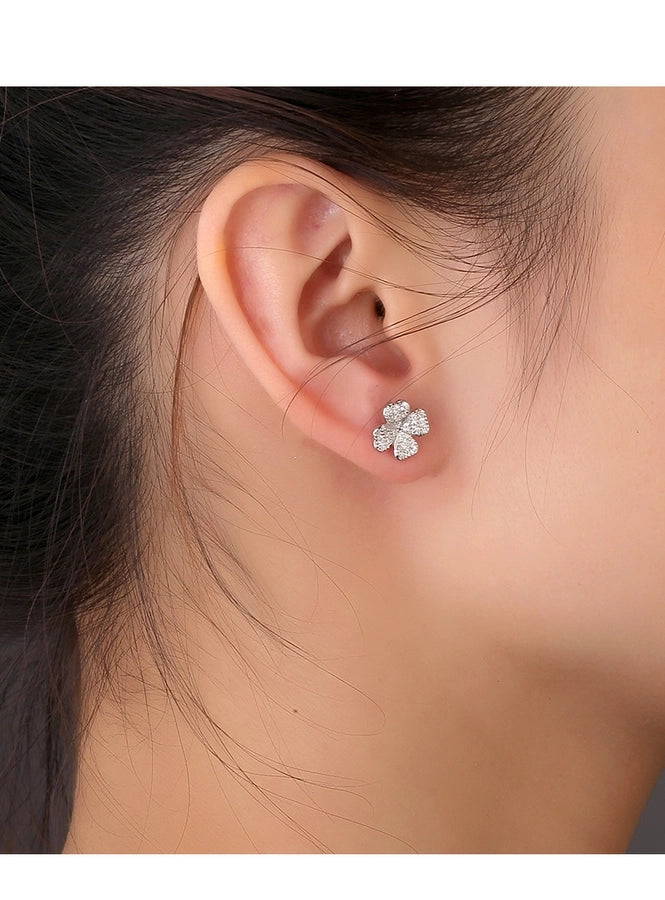 1 Pair 925 Sterling Silver Zircon 925 Sterling Silver Earrings Four Leaf Clover Ear Studs