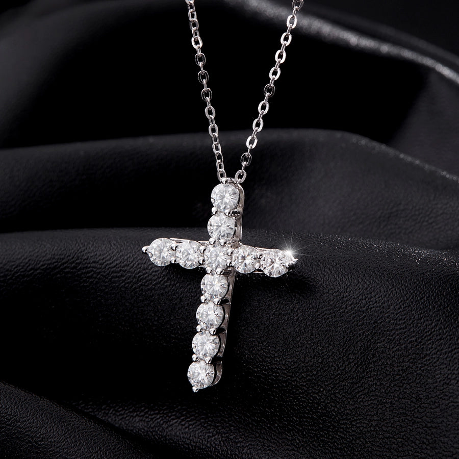 2.2 Karat VVS1-VVS2 Round Brilliant Cut 925 Sterling Silver 925 Sterling Silver Rack Plated Moissanite cable chain Inlay Cross Moissanite GRA Certificate Pendant Necklace