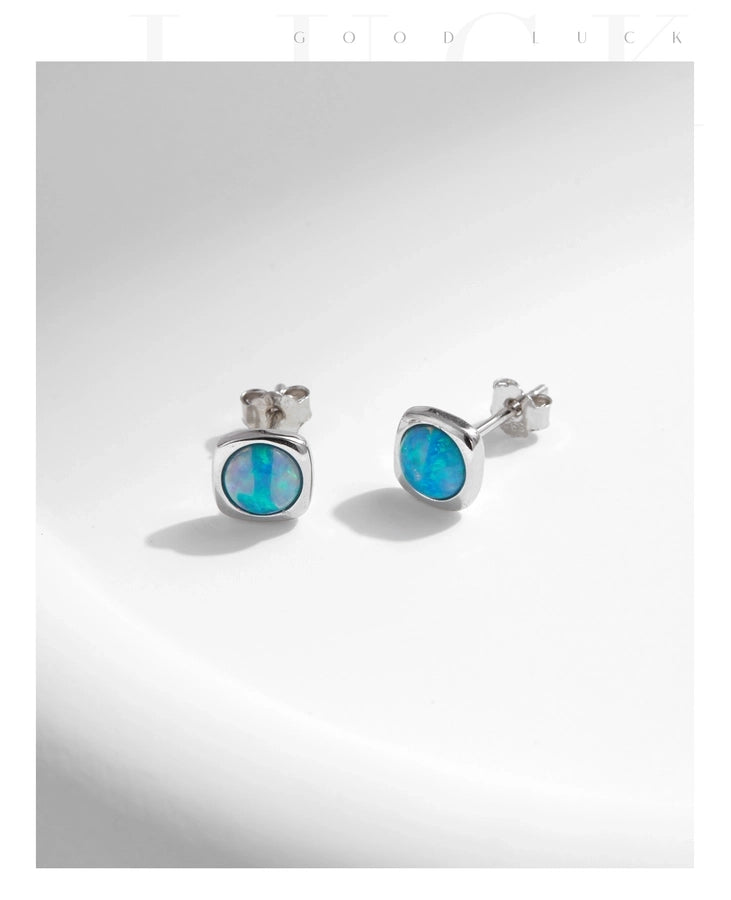 1 Pair Rhodium Plated 925 Sterling Silver Opal 925 Sterling Silver Earrings Geometric Ear Studs