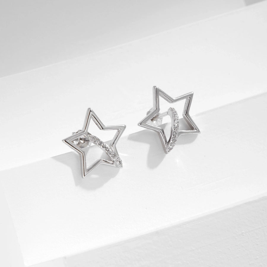 1 Pair Rhodium Plated 925 Sterling Silver Zircon 925 Sterling Silver Earrings Star Ear Studs