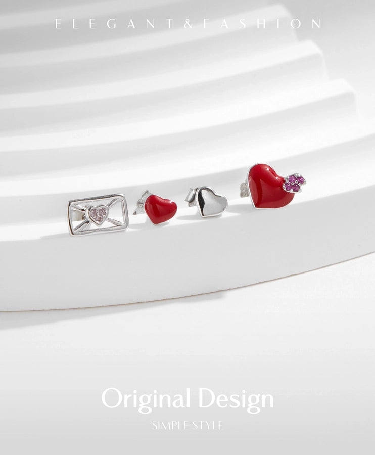 1 Set Rhodium Plated 925 Sterling Silver Zircon 925 Sterling Silver Earrings envelope Heart Shape Ear Studs