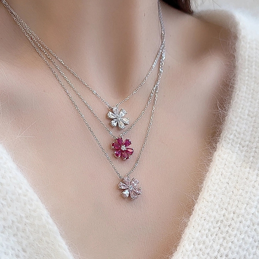 925 Sterling Silver Zircon cable chain Flower Pendant Necklace