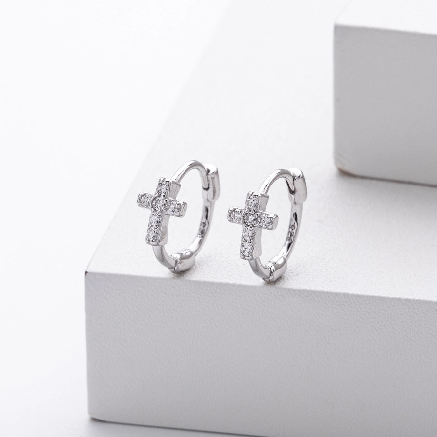 1 Pair 18K Gold Plated White Gold Plated Rhodium Plated 925 Sterling Silver 925 Sterling Silver Zircon 925 Sterling Silver Earrings Cross Earrings