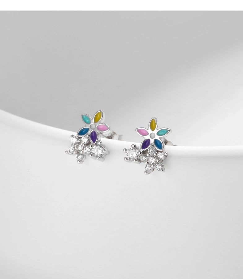 1 Pair Rhodium Plated 925 Sterling Silver Zircon 925 Sterling Silver Earrings Flower Ear Studs