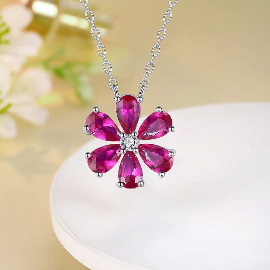 925 Sterling Silver Zircon cable chain Flower Pendant Necklace