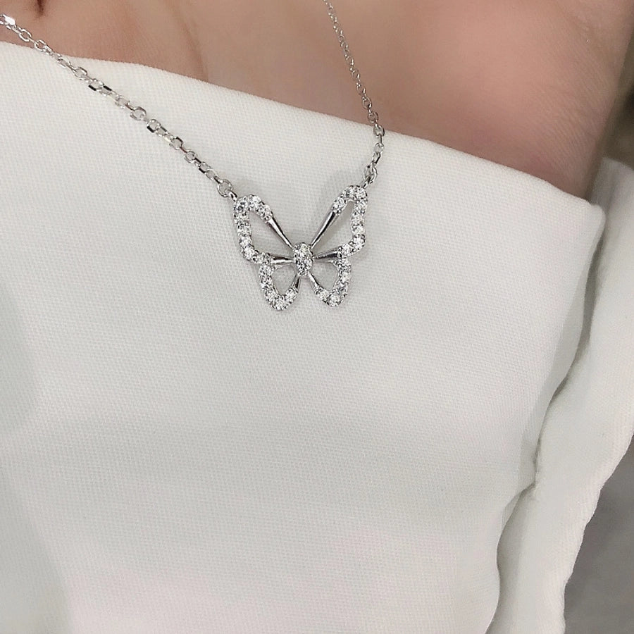 925 Sterling Silver Zircon cable chain Hollow Out Inlay Butterfly Necklace