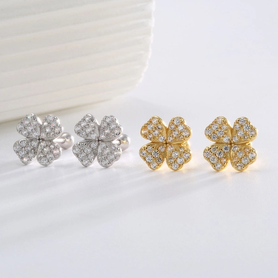 1 Pair 925 Sterling Silver Zircon 925 Sterling Silver Earrings Four Leaf Clover Ear Studs