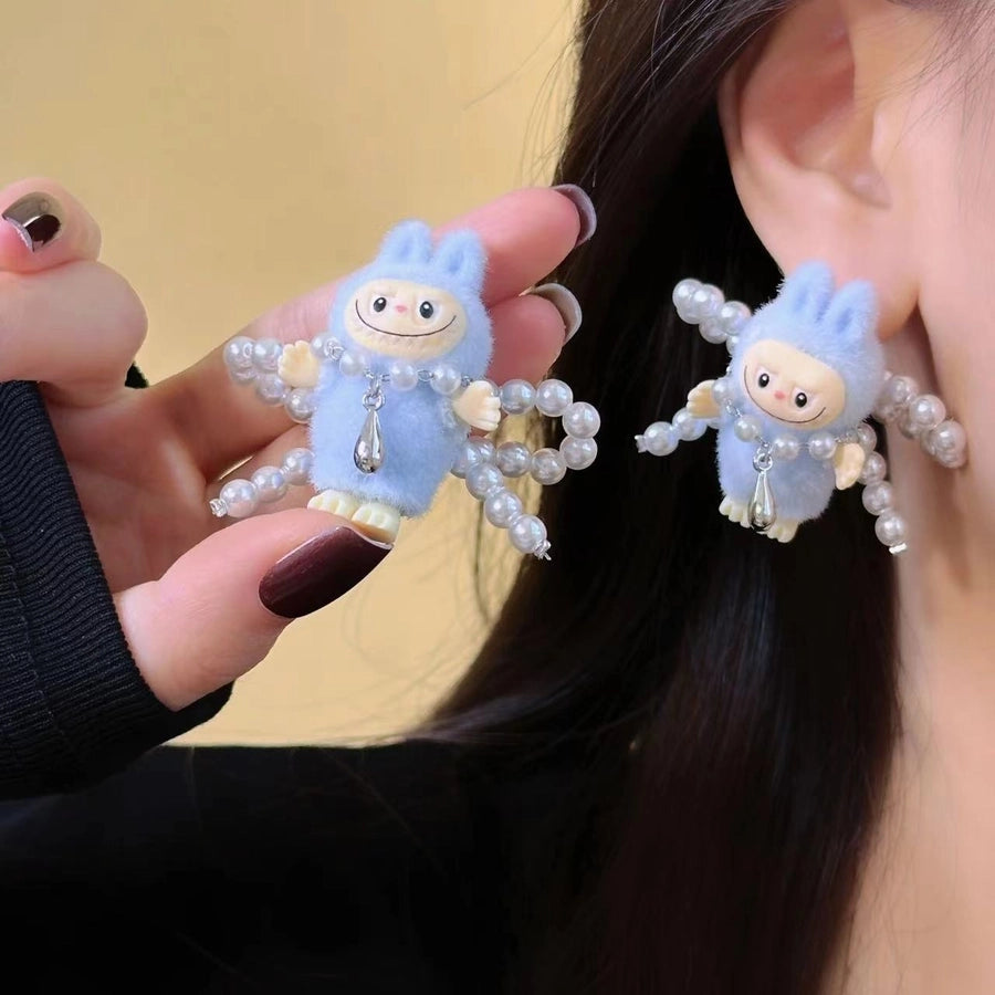 1 Pair Imitation Pearl Flocking 925 Sterling Silver Earrings Cartoon Character Ear Studs