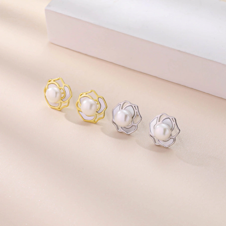 1 Pair 18K Gold Plated White Gold Plated 925 Sterling Silver Pearl Shell 925 Sterling Silver Earrings Geometric Flower Ear Studs