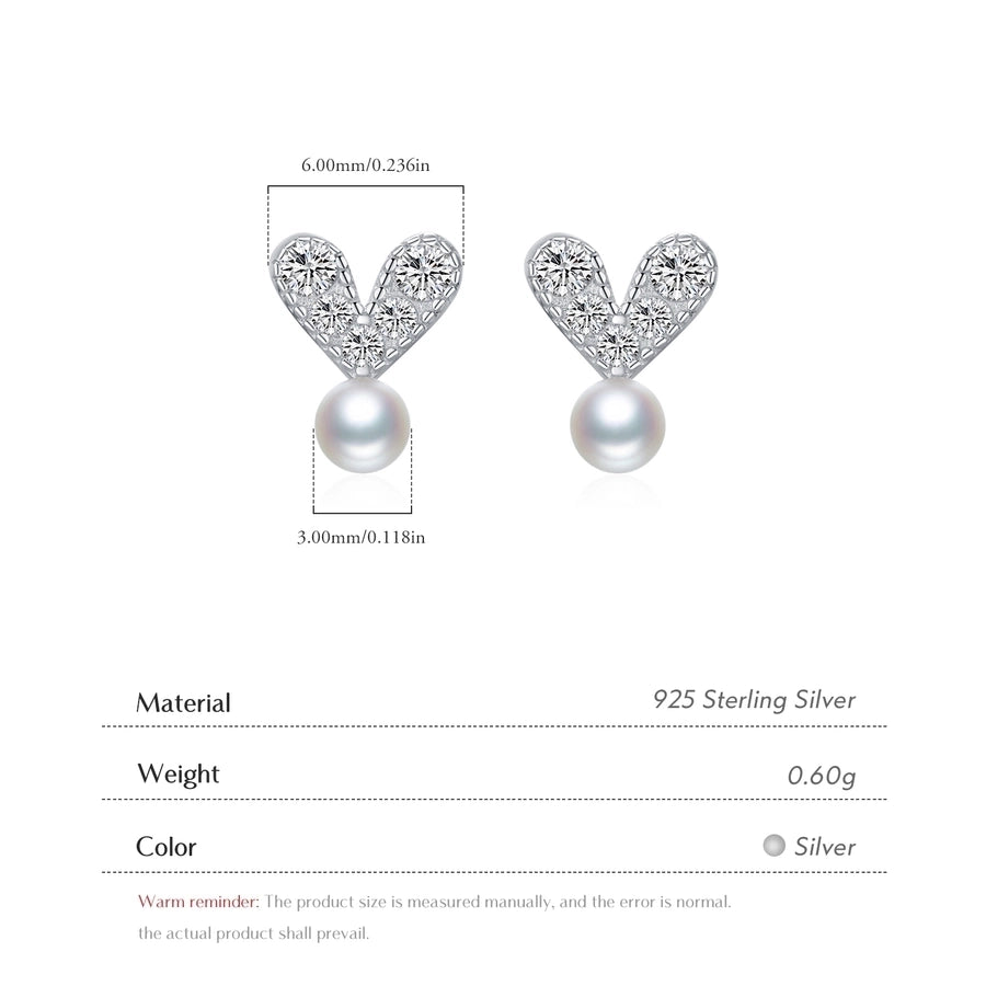 1 Pair Rhodium Plated 925 Sterling Silver Pearl Zircon 925 Sterling Silver Earrings Heart Shape Ear Studs