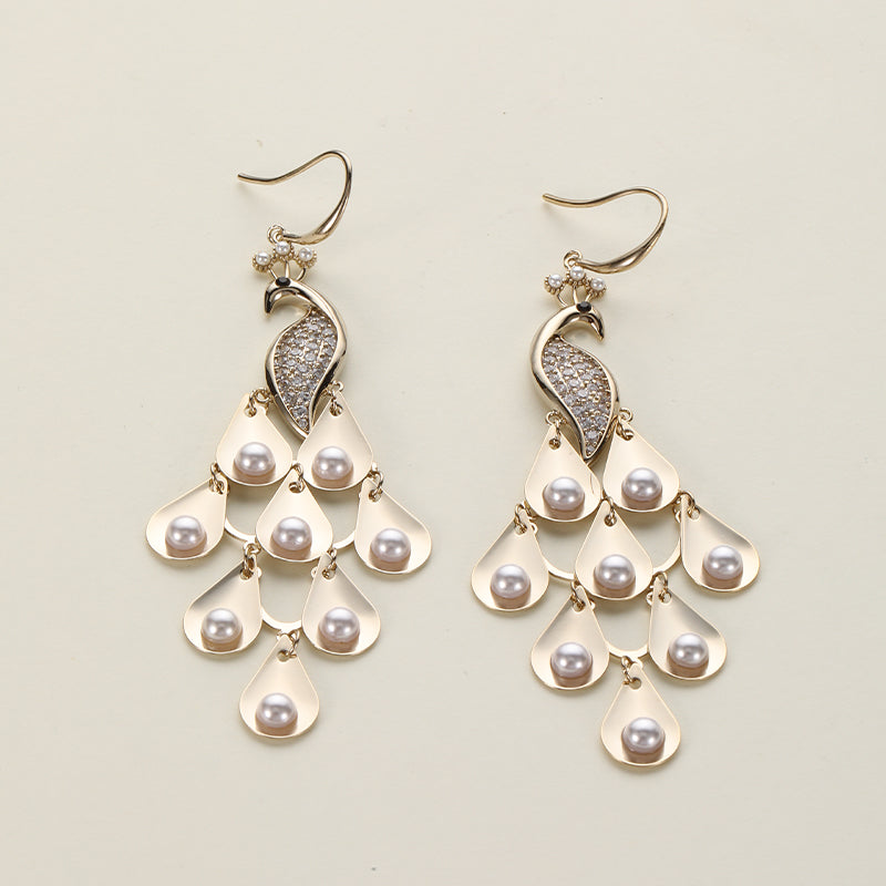 White Pearl Peacock Style Bird Earrings