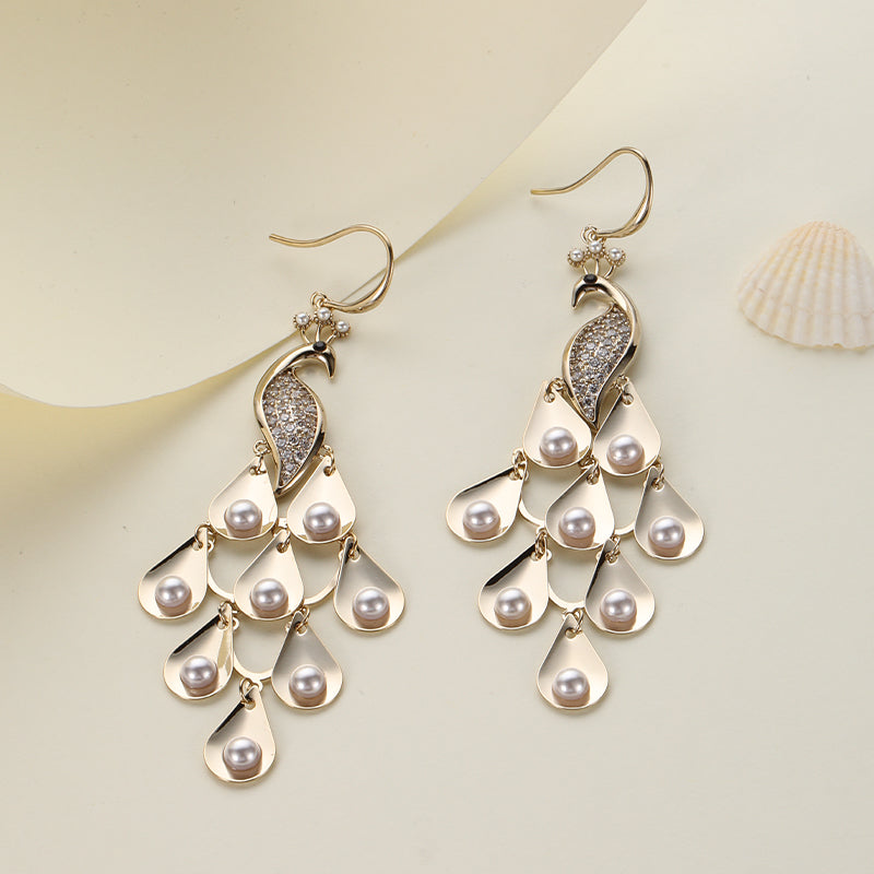 White Pearl Peacock Style Bird Earrings