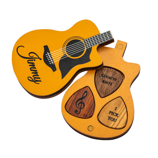 Personalized Engraved Guitar Picks with Personalized Wooden Case