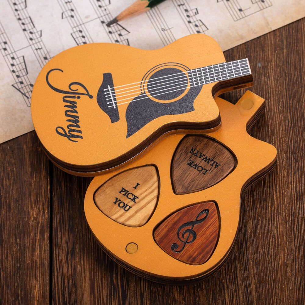 Personalized Engraved Guitar Picks with Personalized Wooden Case