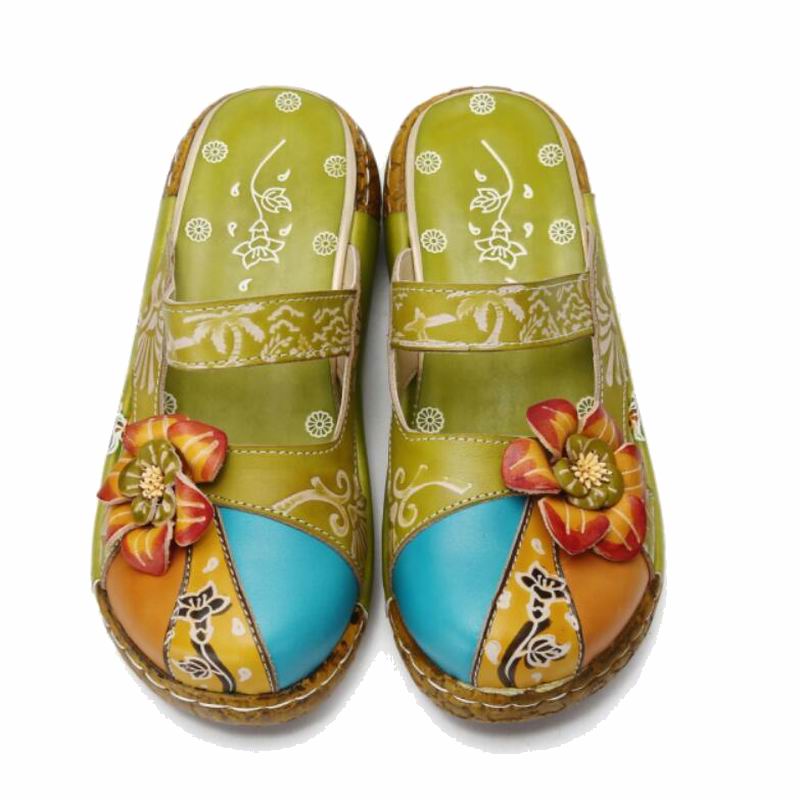 Women's Unique Genuine Leather Handmade Flower Pattern Clog Sandals / Size 5 -11