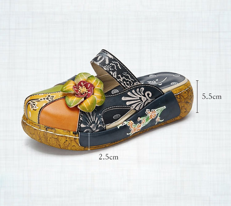 Women's Unique Genuine Leather Handmade Flower Pattern Clog Sandals / Size 5 -11
