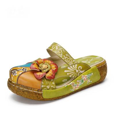 Women's Unique Genuine Leather Handmade Flower Pattern Clog Sandals / Size 5 -11