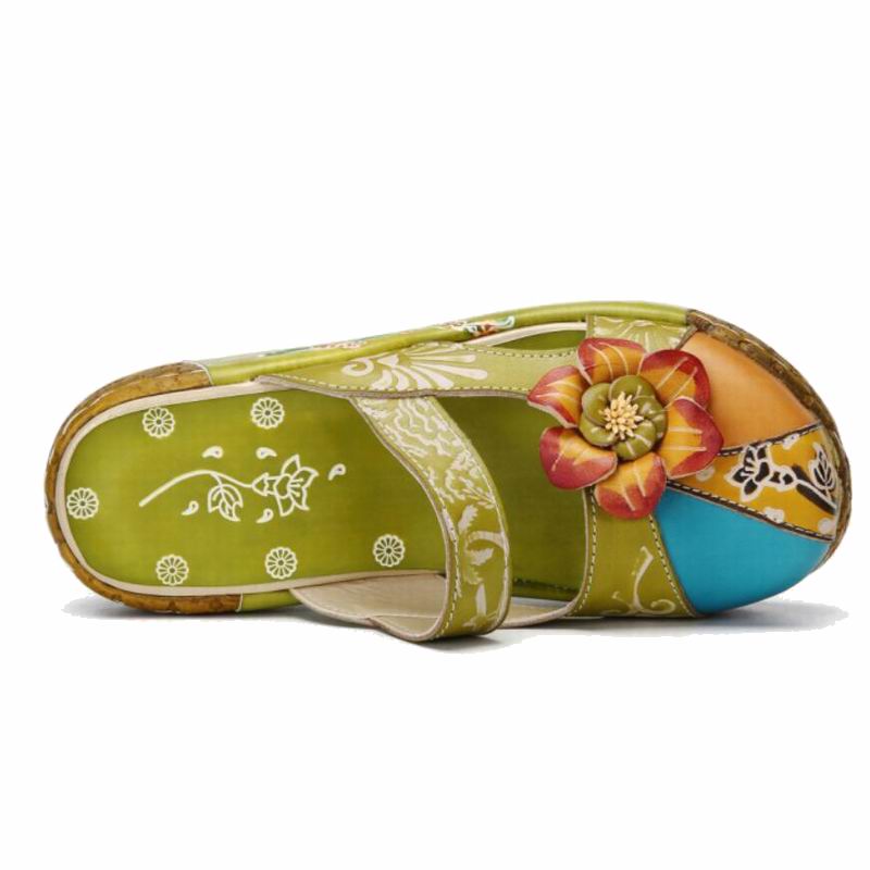 Women's Unique Genuine Leather Handmade Flower Pattern Clog Sandals / Size 5 -11