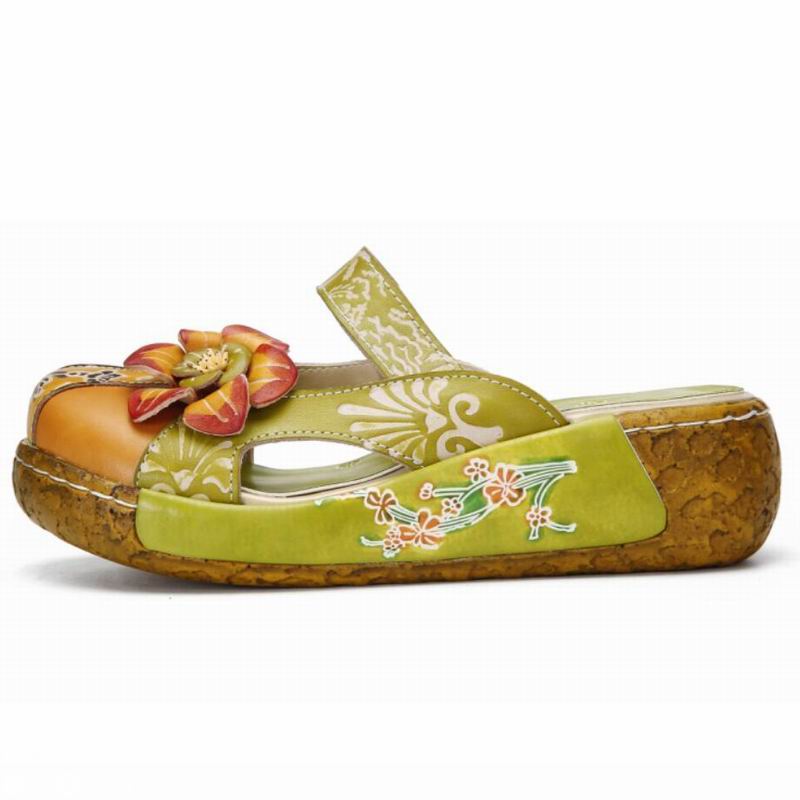 Women's Unique Genuine Leather Handmade Flower Pattern Clog Sandals / Size 5 -11