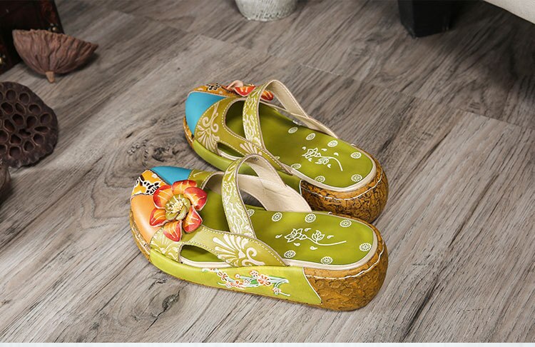 Women's Unique Genuine Leather Handmade Flower Pattern Clog Sandals / Size 5 -11