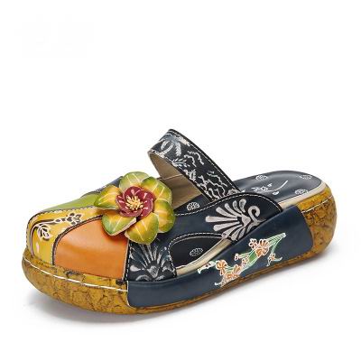 Women's Unique Genuine Leather Handmade Flower Pattern Clog Sandals / Size 5 -11