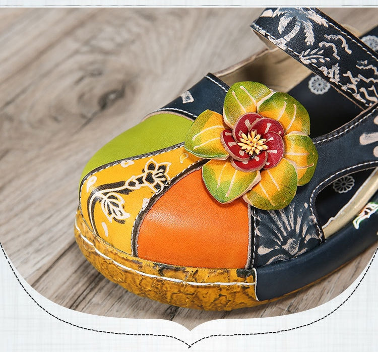 Women's Unique Genuine Leather Handmade Flower Pattern Clog Sandals / Size 5 -11